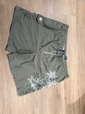 Caribbean Joe Olive Green Palm Graphic Swim Trunks